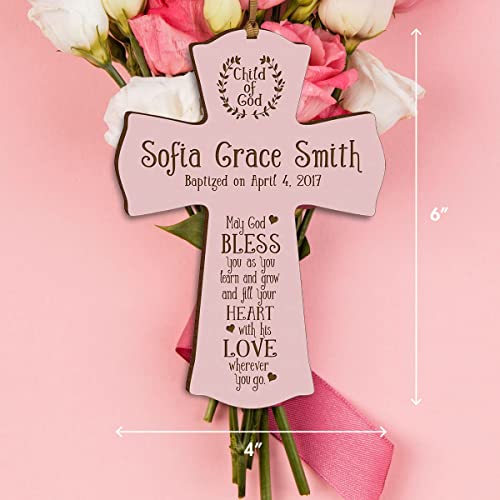 Image of LifeSong Milestones Pink Wooden Wall Cross: Family Celebrations Baptism, Christening, and First Communion - Religious Keepsake for Baby Girls - Baptism Gifts, Favors, and Decorations