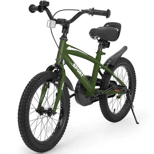 BODIOO Kids Bike 18 Inch Kid Bicycle for Boys Girls with Kickstand Training Wheels Adjustable Seat Sturdy Frame Handbrake and Coaster Brake Lightweight Reflector Pump for Rider 45 to 54 Inch (Green)