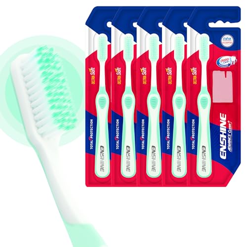 Image of Enshine Advance Clean+ Soft Toothbrush for Adults - Pack of 5 | Ultra Soft Tapered PBT Bristles | Tooth Brush Set with Non-Slip Grip | Manual Toothbrushes for Sensitive Gums & Enamel | Color Sea Green