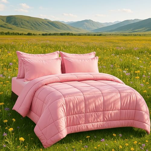 DOWNCOOL Full Size Comforter Sets, 7Pcs Full Size Bedding Sets Pink, All Season Down Alternative Bedding Comforter Sets with Comforter, Flat Sheet, Fitted Sheet, 2 Pillow Shams & 2 Pillowcases by DOWNCOOL - Used condition - Image 3