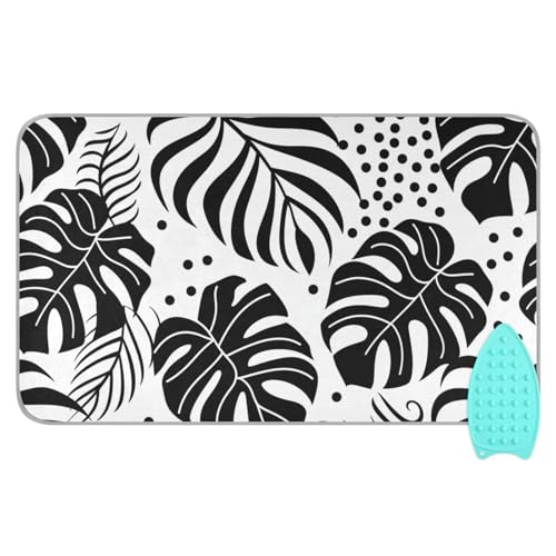Tabla de planchar plegable minimalista con hojas blancas y negras con soporte de hierro de silicona, tapete plegable para planchar para mesa, tapete de mesa para planchar ropa, 48 x 28 pulgadas