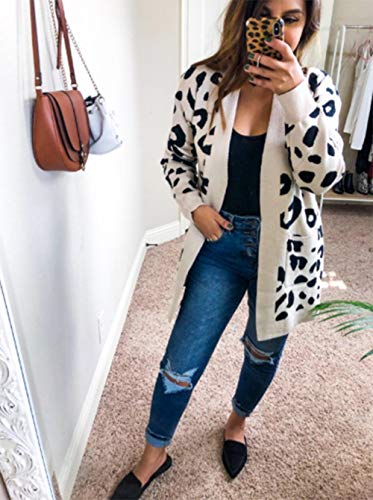 BTFBM Women Chic Leopard Print Cozy Sweater Pockets Button Down Open Front Loose Knitted Long Cardigan with Sleeves (Apricot, Medium)