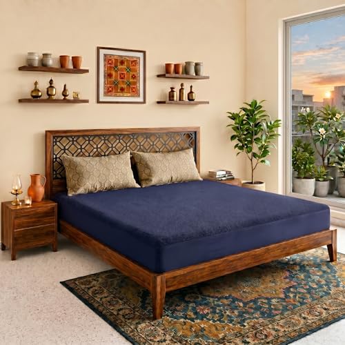 Lithara Terry Cotton Fitted Mattress Protector for Single Bed | Waterproof & Elastic Band | Ultra Soft & Hypoallergenic Mattress Cover | Size : 48 x 84 Inches (4 x 7 Feet) | (Navy Blue)