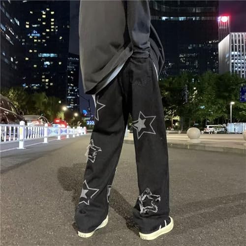 Baggy Jeans Men Graphic Star Frayed Wide Leg Denim Pants Relaxed Fit Streetwear for Skater Jeans Y2k4