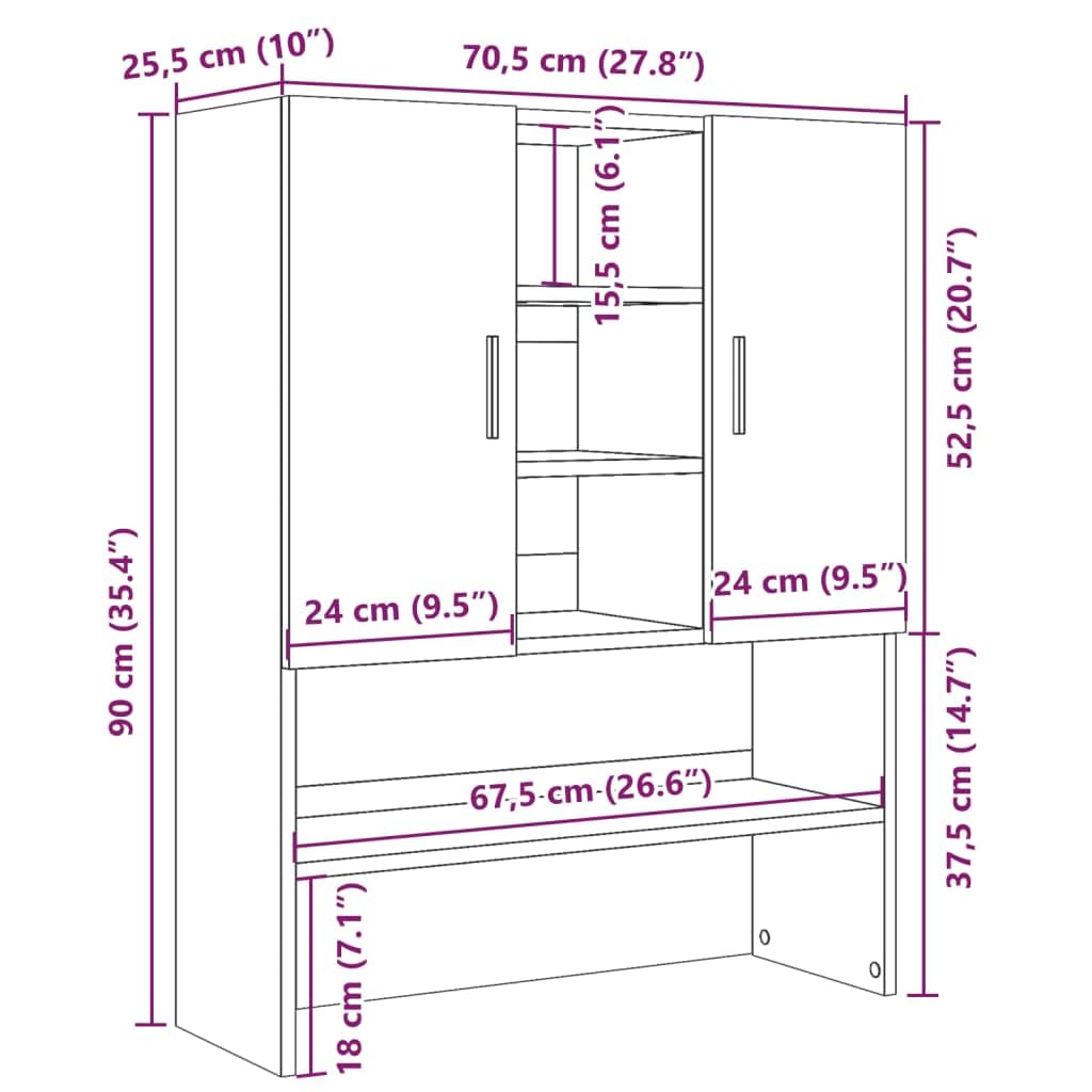 Szafka na pralkę, betonowa, szara, 70,5 x 25,5 x 90 cm, z 2 drzwiami i 4 otwartymi półkami, trwały regał z materiału drewnopochodnego do łazienki i pralni, zajmuje mało miejsca, łatwa w
