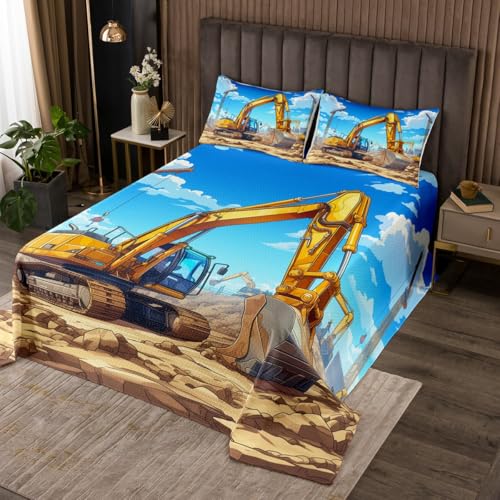 Yellow Excavator Bedspread Twin Size Construction Vehicle Coverlet Set Boys Bedroom Present Equipment Trucks Decor Bedding Set Engineering Car Theme Bedding with 1 Pillowcase