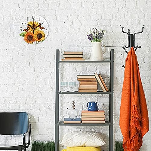 Miniatura 4 de Reloj de pared redondo con girasol, diseño de mariposa floral de acuarela, 10 pulgadas, silencioso, sin tictac, decoración de cuarzo para cocina,