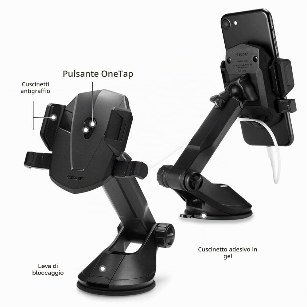 Spigen KUEL OneTap Supporto Telefono Auto per Parabrezza e Cruscotto, Porta Cellulare Auto, Modello in Carbonio, Ruotabile a 360° Compatibile con iPhone 17/16/15/14/13 Samsung S25/S24 Pixel 10 - Nero