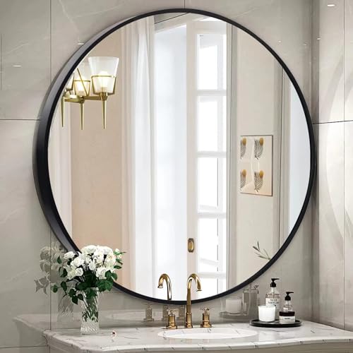 JaJabuy Round Mirror, Black Brushed Aluminum Frame, Shatterproof Bathroom Wall Mirror with Tempered Glass, for Bedroom Entryway, Hang or Lean Against