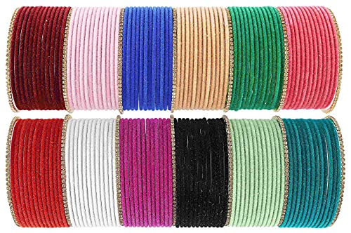 Image of NMII Stylish Metal with Zircon Stone & BallChain Linked Velvet Bangles Set For Women and Girls | Fancy Metal Bangles | Women's Bangles