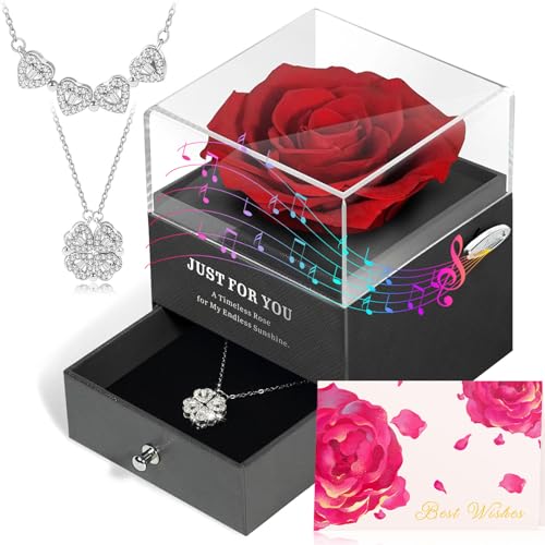 ADDWel Presentes Originais para Mulheres, Rosa Eterna Natural Preservada com Colar em Caixa de Música, Presente de Aniversário para Mulher, Presentes para Noiva ou Mãe Rosas Preservadas para