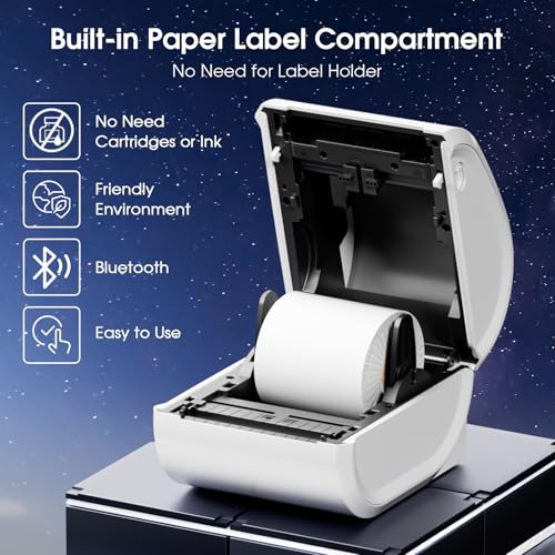 Image of Bluetooth Shipping Label Printer with 1 Roll Labels - D520BT Thermal Label Printer, Thermal Printers with Built-in Label Holder, Come with 500PCS 4x6 White Labels (500 Labels /Roll)