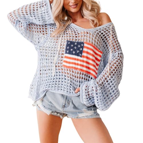 Yoawdats Womens American Flag Crochet Sweater...