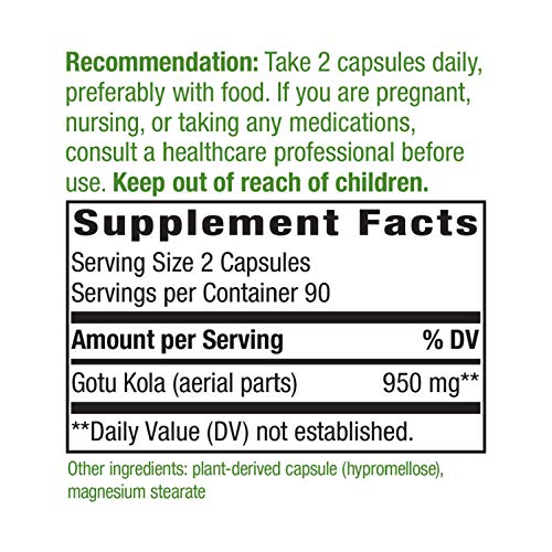 Nature's Way Premium Herbal Gotu Kola Herb, 950 Mg Per Serving, 180 Vcaps, Gotu Kola (Aerial Parts); Plant-Derived Capsule (Modified Cellulose); Magnesium Stearat #TOP2