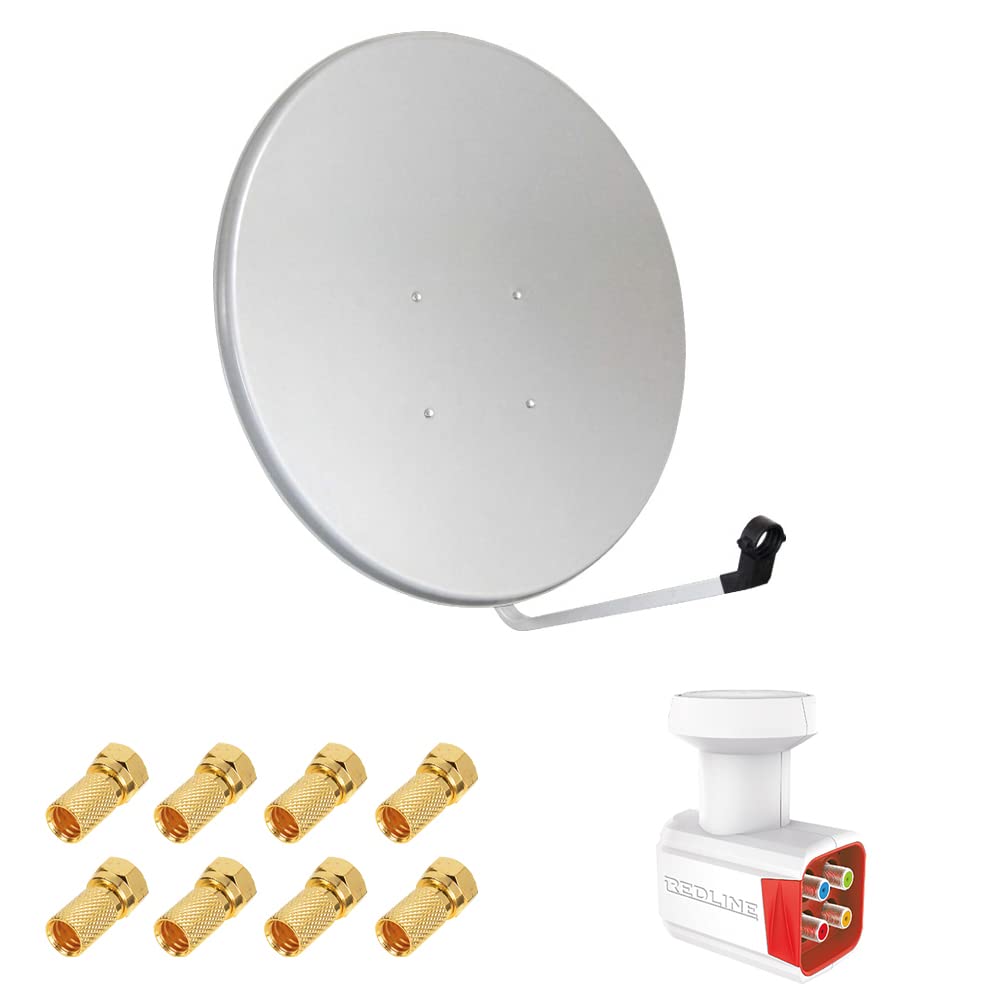 Pack Antenne Parabole Acier 100 cm Gris Clair + LNB Quad Full HD 4K 1080p Gain 70DB Bruit 0.1 DB + 8 Connecteurs fiche F