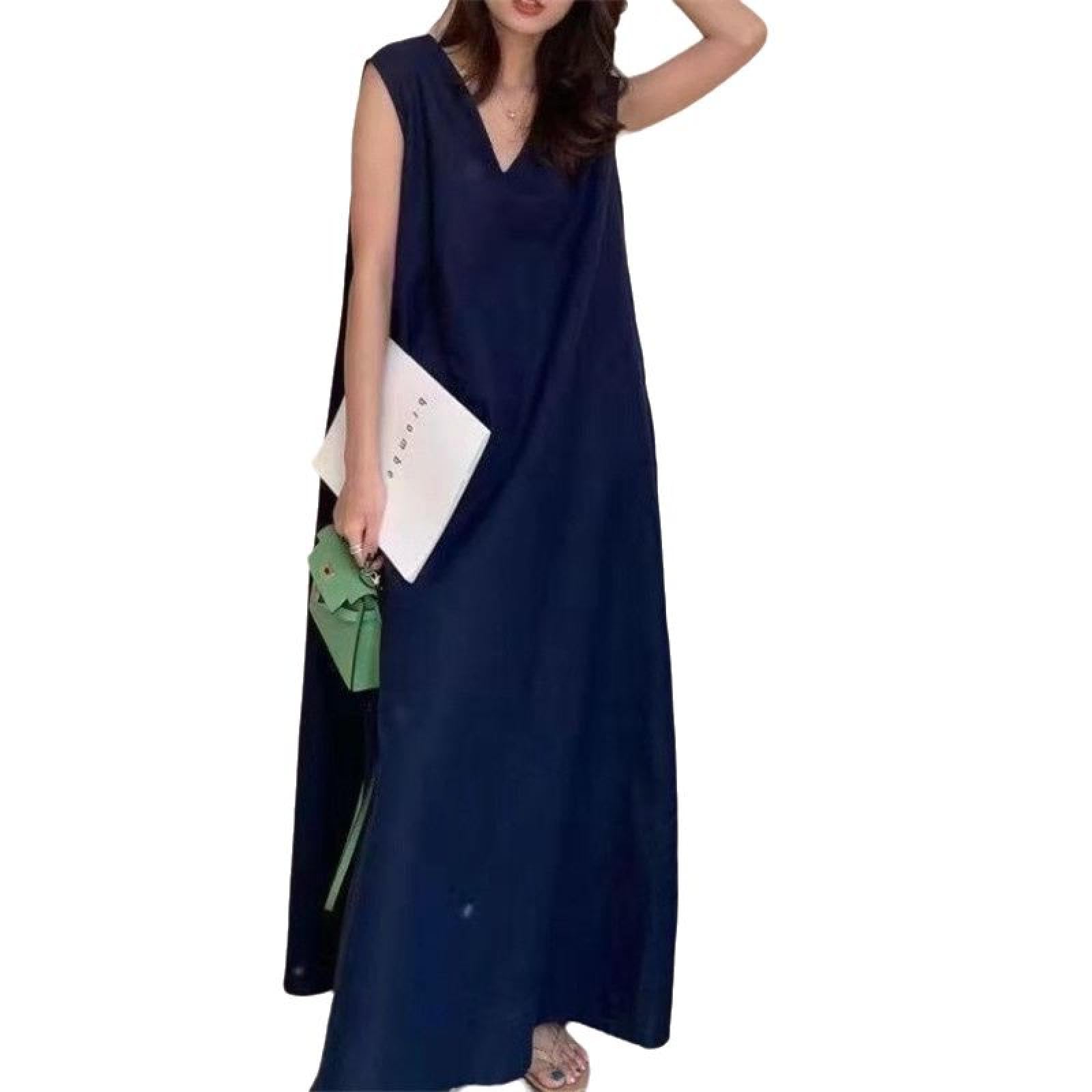 Amazon.co.jp: Vネックワンピース ロング ワンピース 綿麻風 リネン混