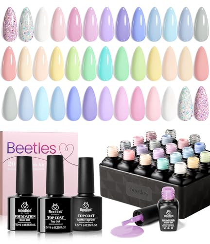 beetles Gel Polish Set - 23Pcs Macaroon Color Gel Nail Kit with Glossy Matte Top Coat Base Coat Yellow Pink White Purple Blue Glitter Bright Uv Nails Paradise Pastel Gel Spring Gifts for Women