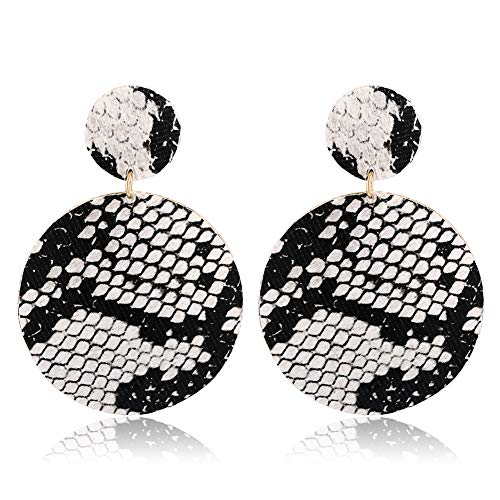 Dangle Earring Snakeskin Print Drop Dangle Earring for Women Sleek Animal Leather Round Metal Statement Earring (white)