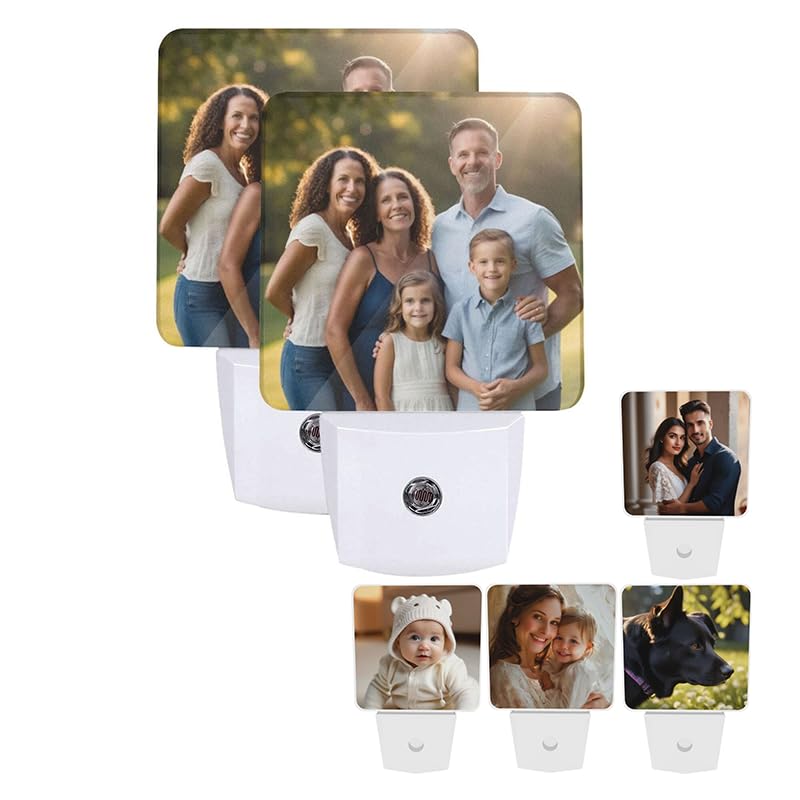 Image of Personalized Custom Night Light Set of 2, DIY Your Own Logo /Photo /Words Auto Sensor LED Dusk-to-Dawn Nightlights, Plug-in Sensor Lamp for Bedroom Bathroom Kitchen Hallway Stairs Decorative