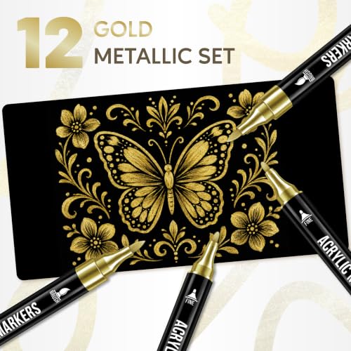 Image of Pagather Gold Acrylic Paint Markers, 12 Pack Dual Tip with Fine Tip and Brush Tip Pens for Fabric, Stone, Wood, Canvas, Ceramic, Metal