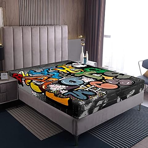 Loussiesd Hiphop Graffiti Stil Spannbetttuch 140x200cm Modern Stra?enkultur Spannbettlaken Hip Hop Bettlaken Cool Jungen M?dchen Kinder Weiche Mikrofaser Spannbetttuch Bunt Cover