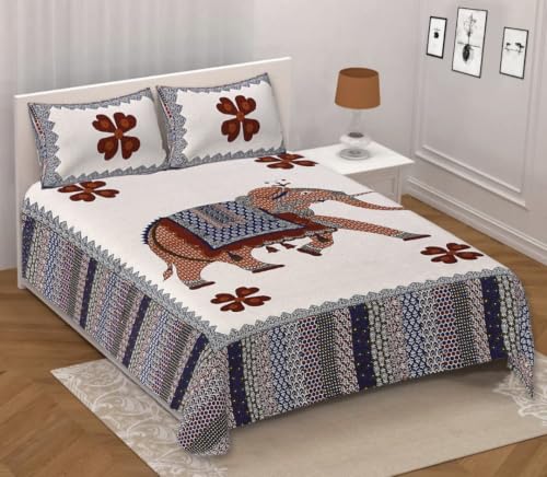 Image of Pure 100% Cotton Double Bed Sheet with 2 Pillow Covers (Bedsheet for Double Bed Cotton, Multicolour Jaipuri, Double King Size Bed Sheet) (Navy Blue, 100 * 108 Inch)