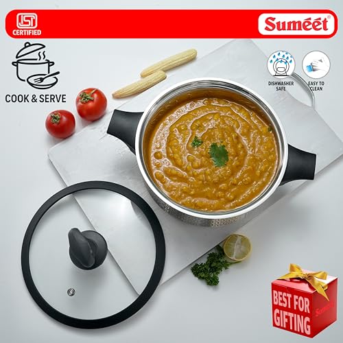 Image of Sumeet ISI Certified Stainless Steel Cook & Serve Designer Shallow Biryani Pot /Casserole with Glass Lid |Induction and Gas Compatible | Capacity - 2800ml -Dia - 23cm, Silver