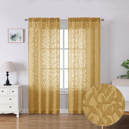 Lecloud Leia Dark Gold Sheer Curtains 72 Inches Long 2 Panels, Airy & Breathable Voile Leaf Textured Bedroom Living Room Curtains, Dual Rod Pockets Jacquard Gauzy Window Drapes, 40 W x 72 L
