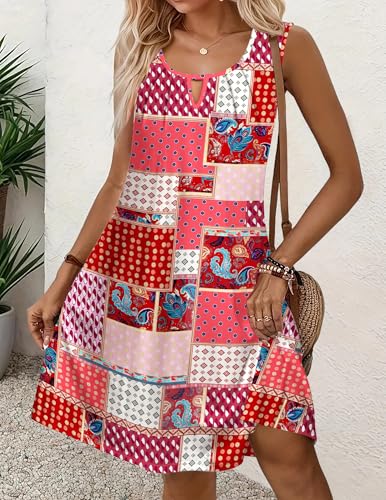 Image of Zeagoo Womens Casual Summer Dresses 2025 Boho Sleeveless Sundresses with Pockets Pleated Beach Floral T Shirt Dresses