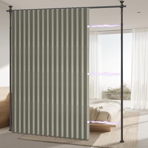 AJAZZ Privacy Curtains for Room Divider with Blackout & Soundproof (Grey, W100 x L84 in, 1 Panel)+ No Drill Curtain Rods(H) 43-120×(W) 35-100 in, Wall Divider for Bedroom/Studio/Office Curtain