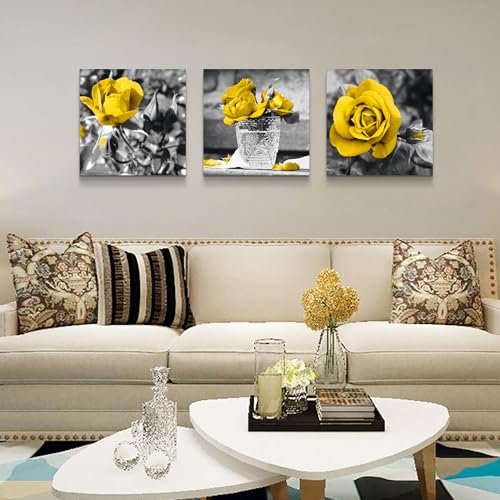DZRWUBHS Large Size Wall Art - Modern Decor for Bedroom, Living Room, Kitchen, Bathroom - Black & White Wall Pictures - Yellow Rose Flowers - Canvas Prints - Girls Room Artwork