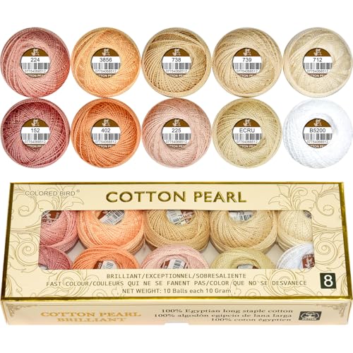 Double Mercerized Egyptian Long Staple Cotton Pearl Thread Ball 10 Grams Rainbow Color Embroidery Thread 10 Colors per Box for Crochet Hardanger Cross Stitch Hand Embroidery Light Flesh Color Series