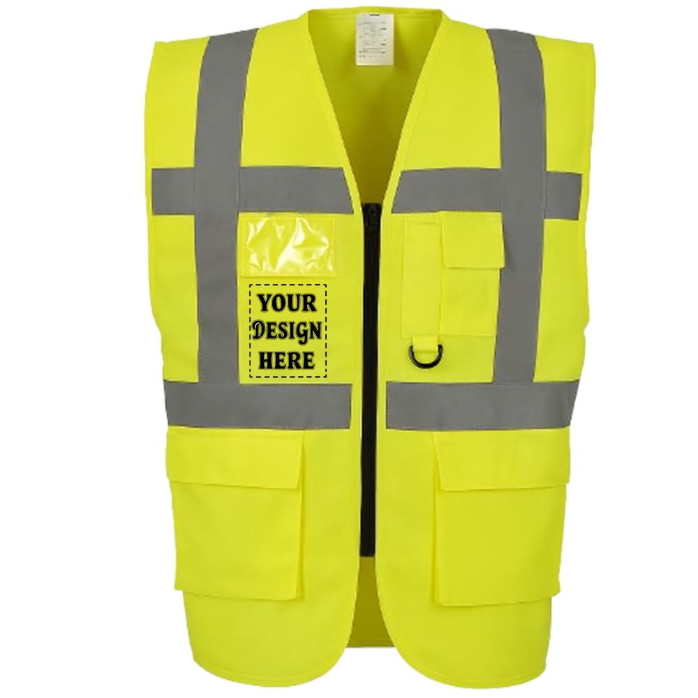 D&T Personalised Hi-Vis Reflective Vest with Zipper and Pockets – High Visibility Safety Waistcoat – Unisex Polyester Workwear (UK, Alpha, XXL, Regular, Regular, Hi-Vis Yellow)