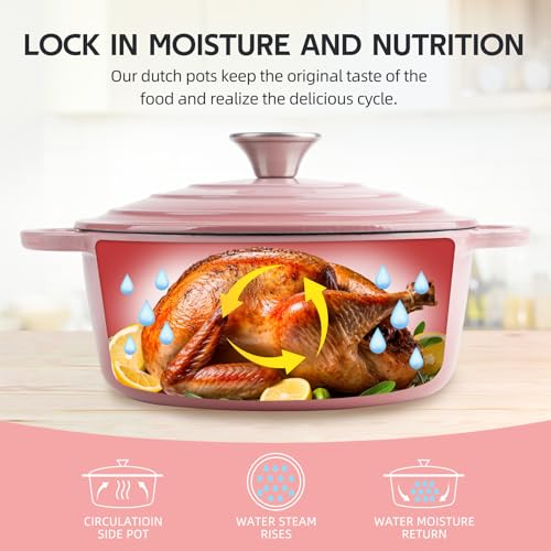 Image of 6 Quart Dutch Oven Enameled Cast Iron with Lid - Big Dual Handles - Oven Safe up to 500F - Classic Round Pot for Versatile Cooking Pink
