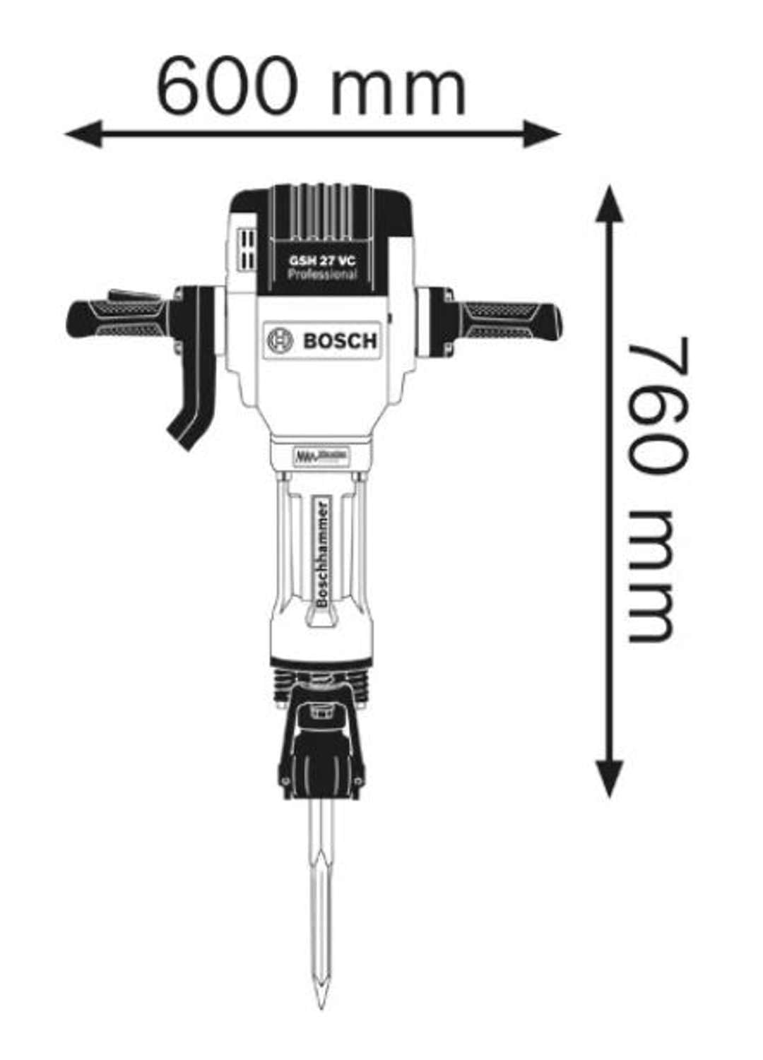 Bosch Professional: młot udarowy GSH 27 VC (moc znamionowa 2 000 W, maks. energia udaru 62 J, liczba udarów przy nominalnej prędkości obrotowej 1 000 min–1)