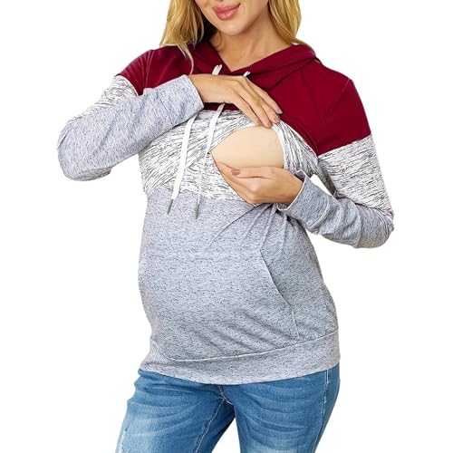 Ropa de Embarazo Invierno Mujer Camiseta de Maternidad de Manga Larga Cuello Redondo Rayas Estampado Camiseta de Lactancia para Lactancia 1 Blusas Blancas Mujer Barato, rojo, S