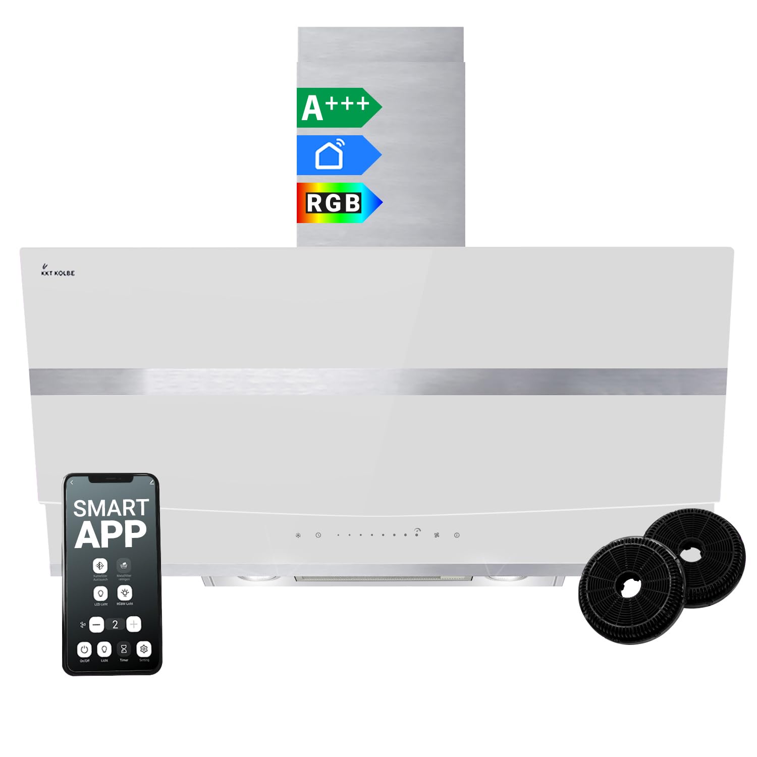 Campana Extractora 90 cm | Campana de Pared Inclinada | acero inoxidable | vidrio bianco | WiFi | apagado automático | Iluminación LED RGBW | Funcionamiento táctil | HERMES9005WM