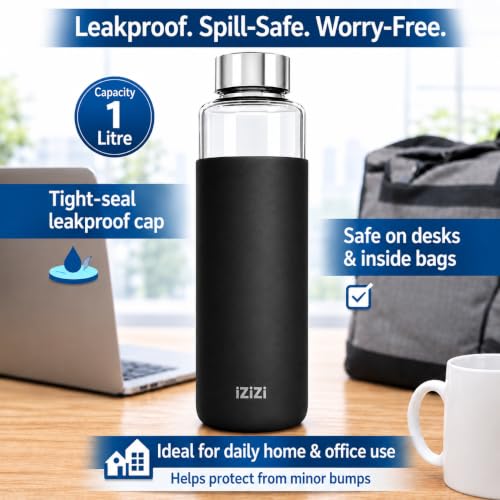 Image of Borosilicate Glass Water Bottle with Silicone Cover | 1 Litre 1000ml | Thermal Shock Resistant | Leakproof Steel Cap | BPA Free | Home Office Gym Fridge