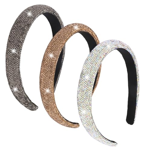Wecoe 3pcs Rhinestone Headbands Women Girls Sparkly Bling Diamond AB Rhinestone Silver Dark Grey Coffee Headband Fashion Comfortable Head Band Non Slip Hair Accessories For Women Girls Gifts