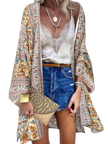 ZANZEA Kimono de punto para mujer, con estampado de flores, estilo bohemio, vestido de playa, pareo, poncho, verano, playa, prenda para arriba del bikini, L