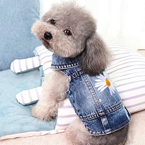 Pawstrip Dog Jean Jacket Summer Cool Puppy Denim Dress Classic Daisy Kitten Doggy Cowboy Vests Cute Pet Cats Lapel Skirt Outfit Medium Small Dogs Vintage Washed Shirt Soft Comfort Pug Apparel #TOP4