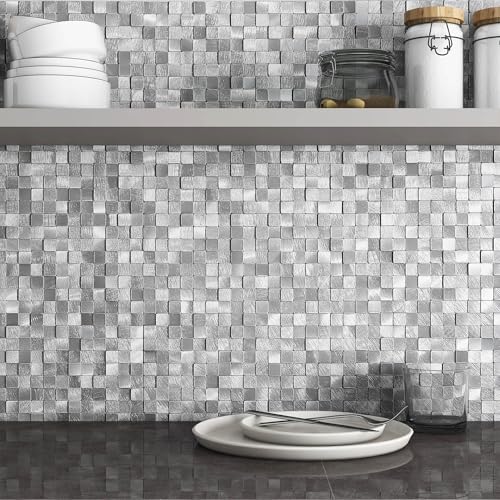 BeNice Azulejos de mosaico autoadhesivos cuadrados 3D para panel de pared de metal, azulejos adhesivos para paredes de cocina (8 hojas, plata)