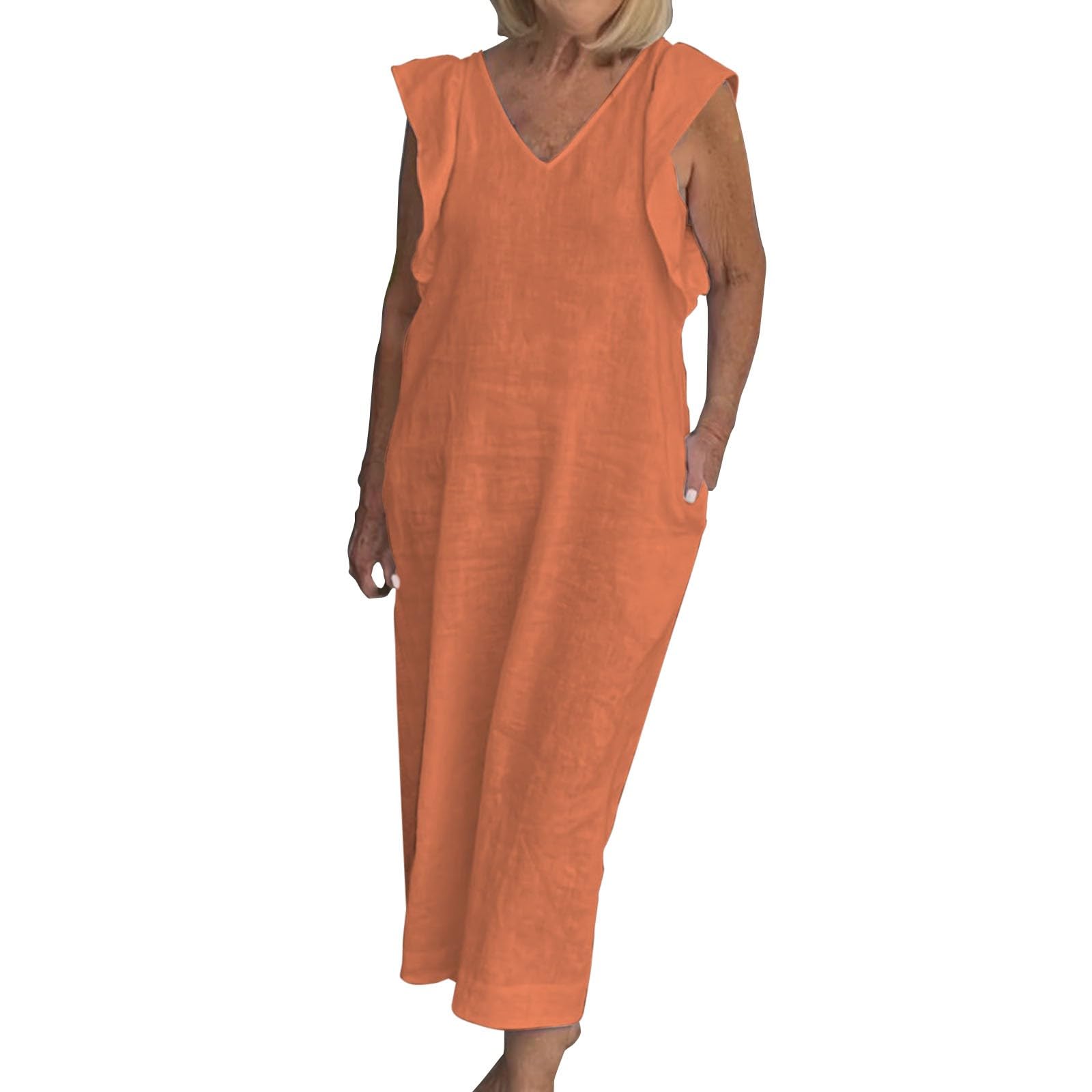 Cotton and Linen Dress for Women 2024 Casual Summer Back Lace Up Flying Sleeve V Neck Womens Long Sleeve