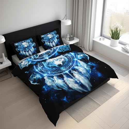 Genérico Funda Nordica Cama 150 Lobo Atrapasueños Funda Nórdica 220x240 Bohemio Indio Atrapasueños, Suave Microfibra Ropa de Cama 3 Piezas, 2 Funda de Almohada, con Cremallera 21D&-61