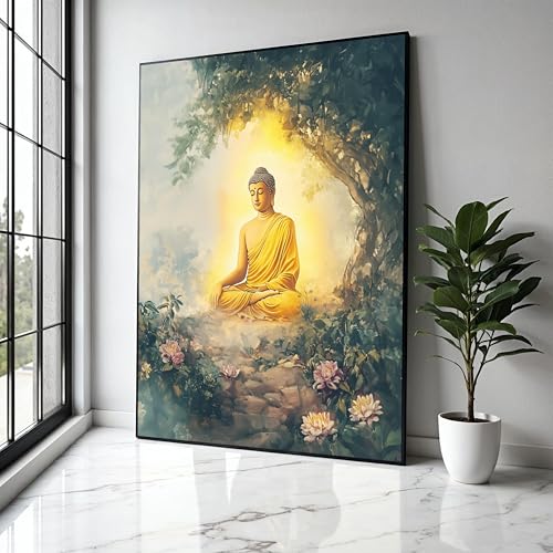 Toile Bouddha méditant jardin zen 30x40cm avec cadre intérieur en bois