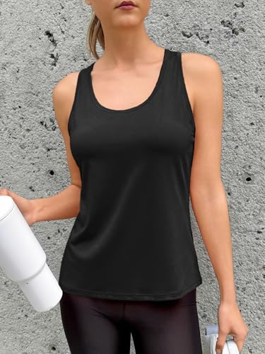 Fisoew Damen Cross Rückenlose Tank Tops Racerback Ärmellos Yogashirt Offene Rücken Sport Oberteile Schwarz S