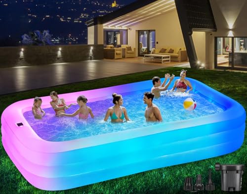 QIUJIN Large Solar Inflatable Pool with Lights 130x72x22 Oversized Thickened Blow Up Pool with Pump 7 Color Changed Family Swimming Pool for Backyard Outdoor