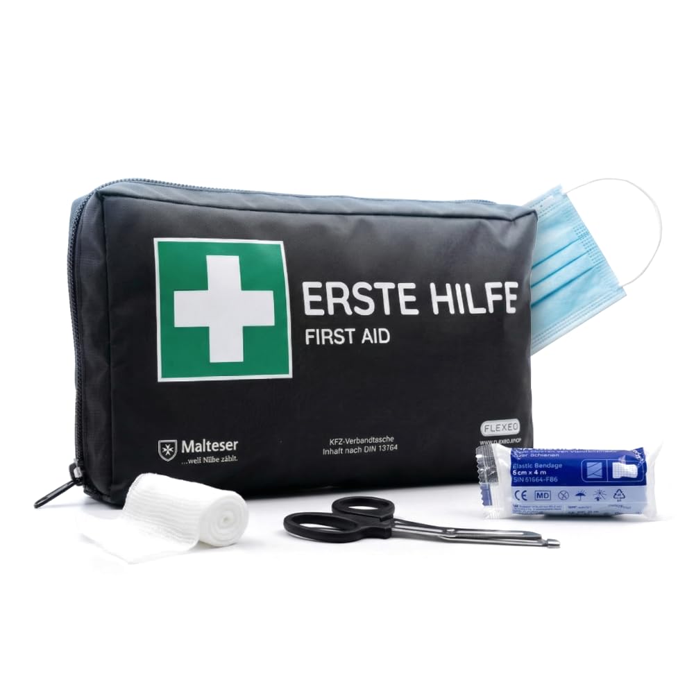 FLEXEO KFZ-Verbandtasche nach aktueller DIN 13164 | Europaweit gültig, gemäß StVZO | inkl. 2 med. Gesichtsmasken | Erste Hilfe Tasche, Set, Verbandskasten, Auto, PKW | Schwarz