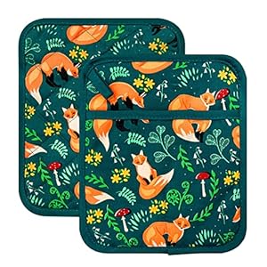 Pot Holders Set of 2 Heat Resistant 480℉ Kitchen 100% Cotton Comfortable Lining Printing Fox Flower Women Men Home Cooking Baking Microwave BBQ Gift(Fox Flower)
