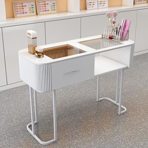 Professional Manicure Table Station - Glass Top Nail Desk with Storage Drawer & Open Shelves for Nail Technicians, Salon Furniture, Nail Art Workstation,Style 1,80cm